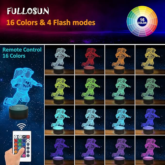 FULLOSUN Spaceman 3D Night Light, Astronaut Rocket Optical Illusion Lamp Birthday Gift Idea for Outer Space Fan Xmas, Living Room Decor Night Light with 7 Colors Changing