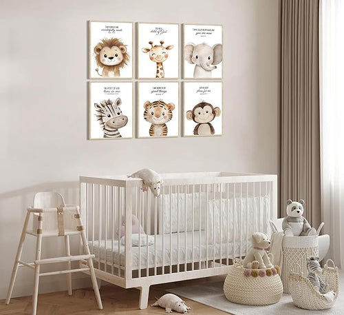 6Pcs Nursery Bible Verse Animal Wall Art Cute Woodland Animals Christian Picture Wall Decor Lions Elephant Giraffe Poster Print Artwork for Classroom BabyBedroom Boys Girls Home Decoration Unframed