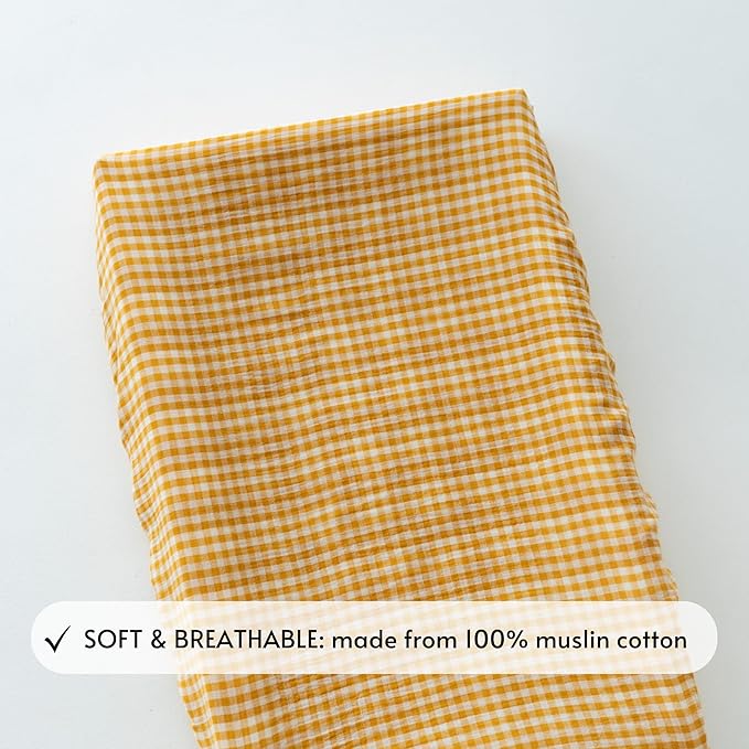 TISU Gingham Diaper Changing Pad Cover, 16 x 32 inches, Soft Muslin Cotton, Elastic Band, Check Pattern (Mustard Yellow Gingham)