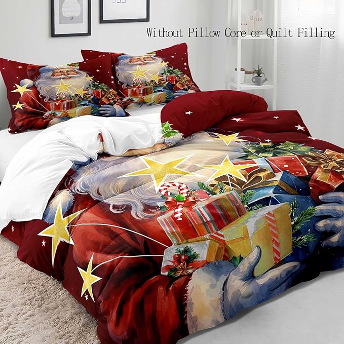 LUVIVIHOME 2PCS Christmas Santa Duvet Cover Twin Bedding Sets, Boys Girls Kids Bedding, Winter Holiday New Year Xmas Gifts Red Christmas Comforter Bedspread Quilt Cover, Bed in a Bag, 1 Pillow Sham