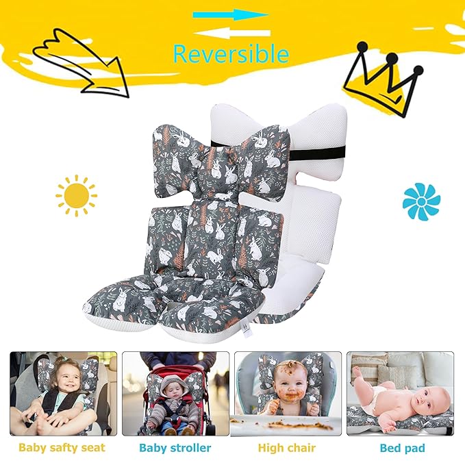 Baby Seat Pad Liner for Stroller, Universal Stroller Cushion Pad for Baby Soft and Breathable 3D Air Mesh Cotton Stroller Liner Insert Car Seat Insert (Grey Rabbits)