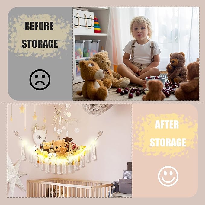 Stuffed Animal Hammock with LED Light, Large Stuffed Animals Storage Corner Plushie Net for Kids Room Decor, White