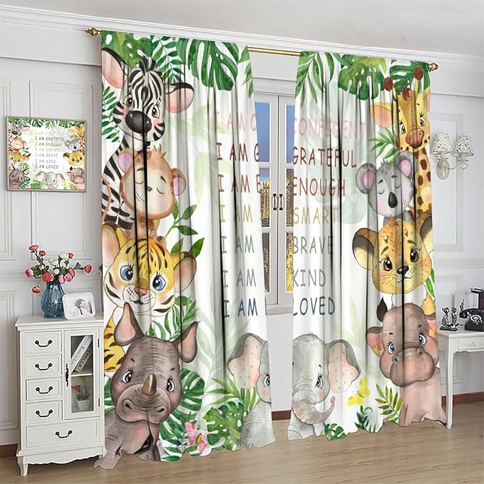 Cartoon Safari Animal Curtains Cute Watercolor Wildlife Jungle Window Treatments for Kids Boys Girls Bedroom Living Room Inspirational Motivational Quotes Nursery Children Drapes W42xL54(Decor)
