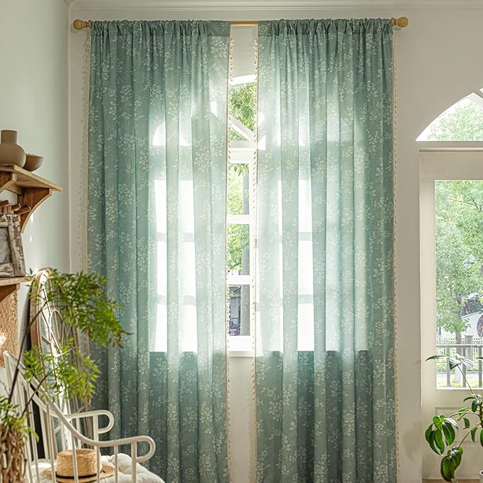 ENJOYBRIDAL Floral Curtains 96 Inch Long Sage Green Farmhouse Drapes Living Room Bedroom Semi Sheer Rod Pocket Window Curtain Panels Rustic Boho Retro 2 Panel Sets Window Treatments