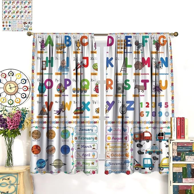 Alphabet Curtain for Kids Room ABC Letter Educational Learning Animal Number Printed Rod Pocket Blackout Window Drapes for Bedroom Playroom Classroom 52" W X 84" L