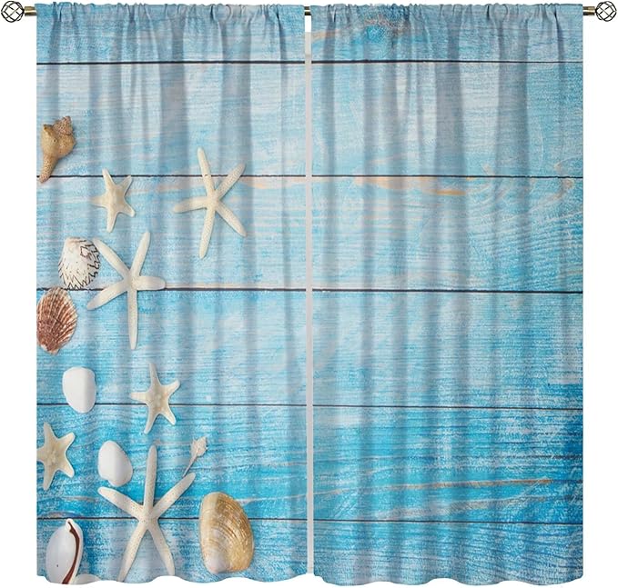 Beach Shell Curtains Shell Starfish Modern Style White Print Curtains for Living Room Bedroom Boys Girls Bedroom Decorative Privacy Curtains 55x63 Inch