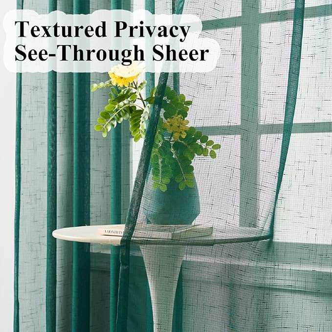 Emerald Green Curtains Sheer 96 Inches Long, Dark Linen Look Textured Light Filtering Drapes Decor, Hunter Green Transparent Window Treatments, Pinch Pleat Curtain with Hooks