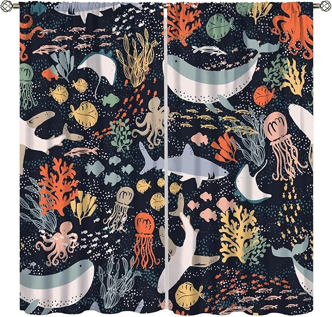 Sea Animals Curtain Cartoon Fish，Undersea Cute Whales Dolphin Underwater Wild Life Blue Ocean Boys Girls Waterproof Polyester Fabric Bedroom Decoration Set 2 Panels,63x63 Inches