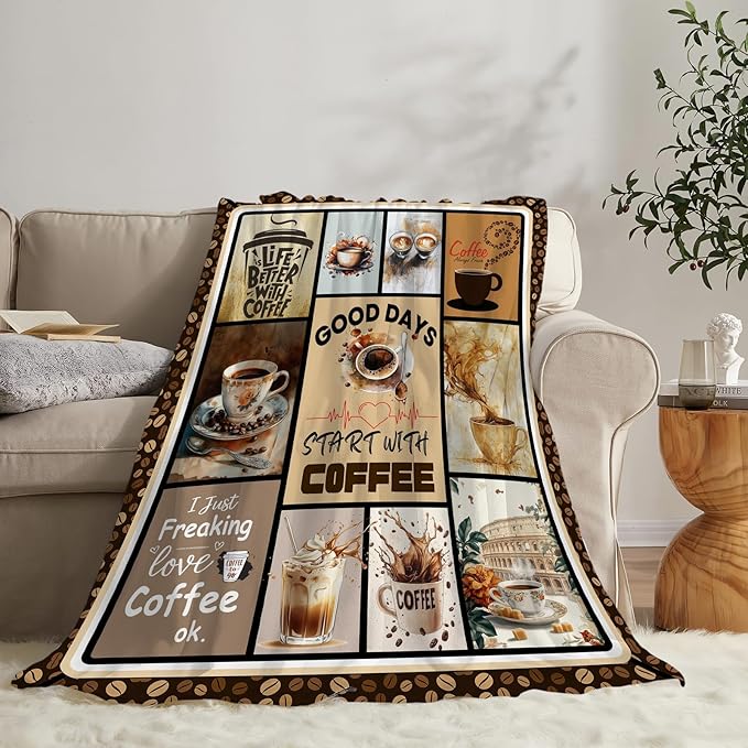 Coffee Blanket Vintage Drink Cup Throw Blankets Gifts for Girls Boys Kids Warm Soft Lightweight Flannel Coffee Bean Themed Plush Throws Fleece Bedding Stuff for Men Women 50"x40"