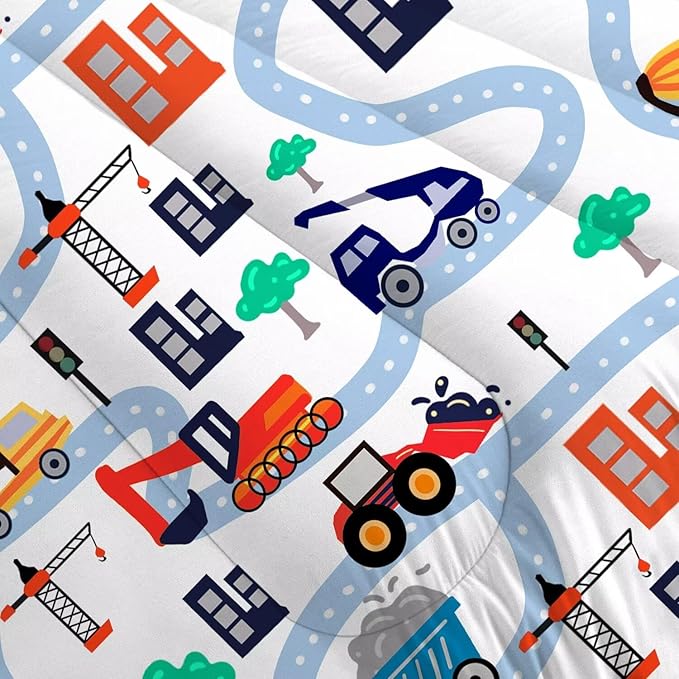 Cartoon Truck Comforter Set Twin: Construction Bedding Set for Boys Kids Children Bedroom Dorm White Cute Cars Quilt 1 Comforter + 1 Pillow Case