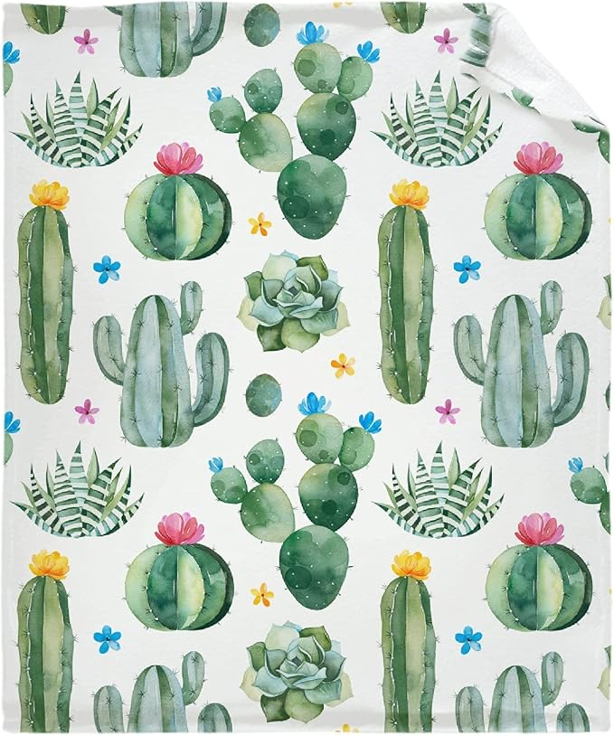 Thuswarm Cactus Flower Succulent Flannel Blanket for Autumn Winter Gifts Warm Cozy Soft Funny Print Throw for Bed Couch Sofa 120”×90” Extra Large for Family