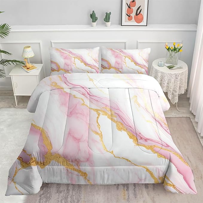 Comforter Set Pink Marble: Full Size Bedding Sets for Girls Teens Kids Women Luxury Gold Glitter Abstract Marbling Pastel Bed Set 1 Comforter & 2 Pillowcases