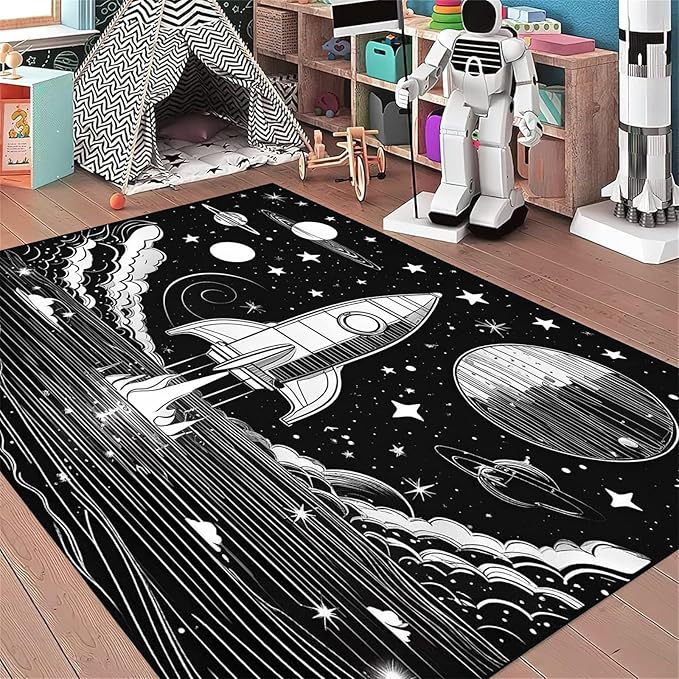 Space Planet Theme Area Rug,6x8ft,Universe Outer Space Rugs for Kids Bedroom Space Carpet Universe Solar System Planet Theme Carpets for Living Room Nursery Room Toddler Classroom Decor