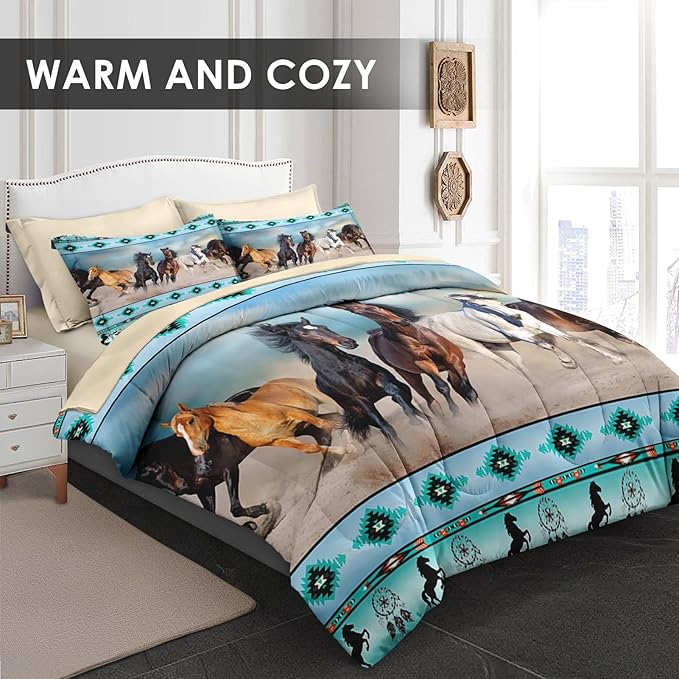 7 Pcs King Size Comforter Set with 2 Pillowcases & 2 Shams, Horses Western Bedding for Kids and Adults, Tribal Sunset Run Bed in a Bag with Flat Fitted Sheet