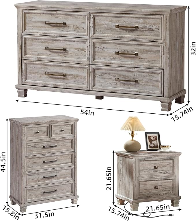 Farmhouse Bedroom Dresser and Nightstand Set of 4, 6 Drawer Tall & Low Dresser & 2 Drawer Nightstand Set, Rustic Wood Furniture Set for Bedroom, Hallway, Grey