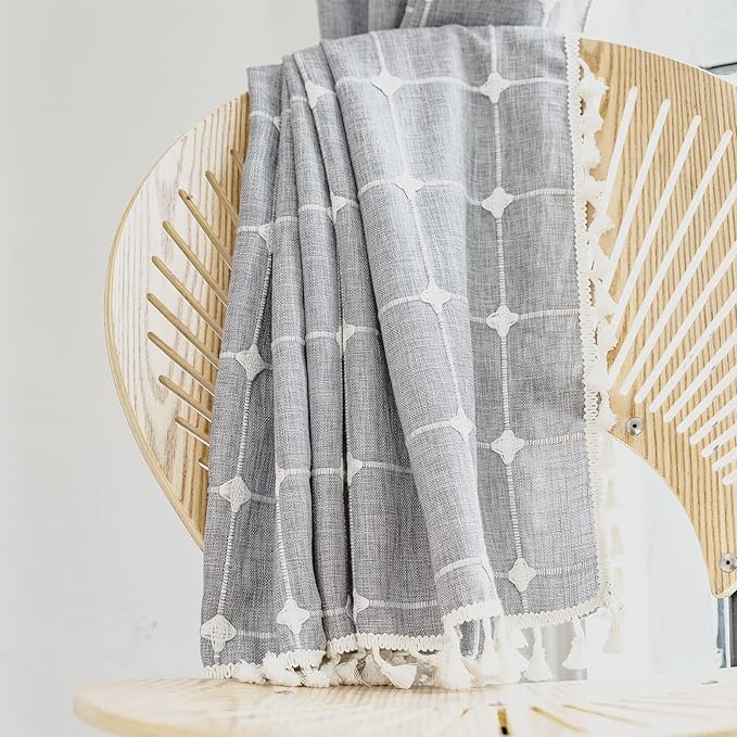 Deeprove Boho Curtains 84 Inches Long for Bedroom Kitchen, Cotton Linen Gray Plaids Embroidered Semi Blackout Bohemian Farmhouse Window Treatment Grids Drape Tassels, 1 Panel W52 x L84 Grey