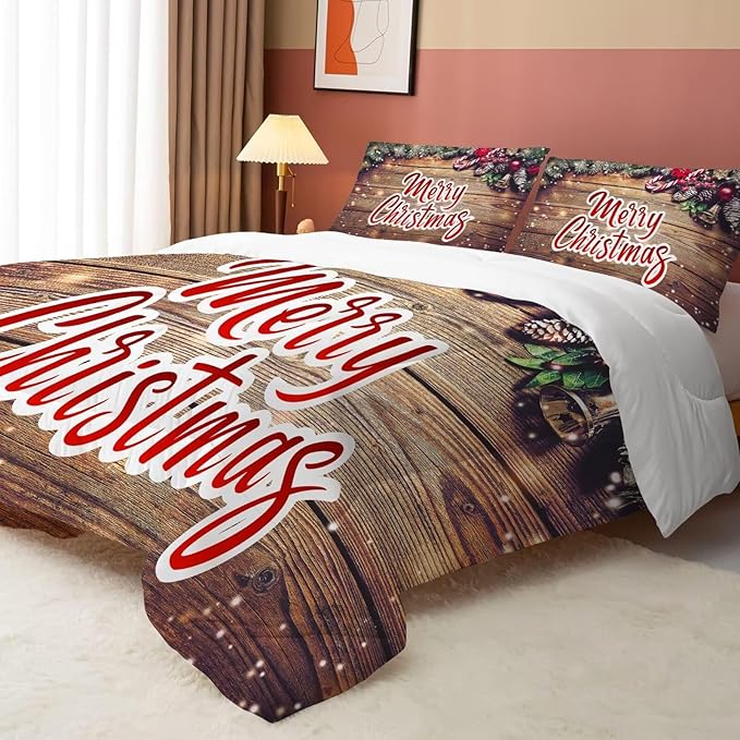 Christmas Comforter Set King: Christmas Wood Grain Bedding Sets Festival Gift Xmas for Girls Women Teens Bedroom Quilt Set 1 Comforter & 2 Pillowcases