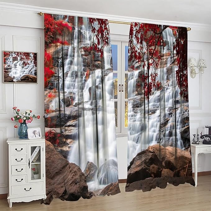 Waterfall Blackout Windows Curtains, Waterfall Red Forest Pattern Nature View Curtains, for Living Room Bedroom 63x72in 2 Panels