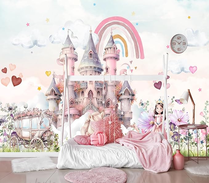 XMPMBM-Pink Cartoon Citadel Nursery Room Fabric Wallpaper Girls Bedroom Wall Mural-W 154" X H 105"（112 Square Foot）