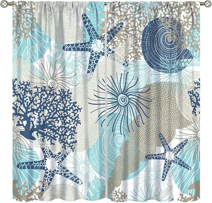 Coastal Curtains Ocean Beach Themed Room Darkening Window Curtain Nautical Coral Blackout Curtain for Bedroom Living Room Bathroom Nursery Set 2 Panels,72x63 Inches