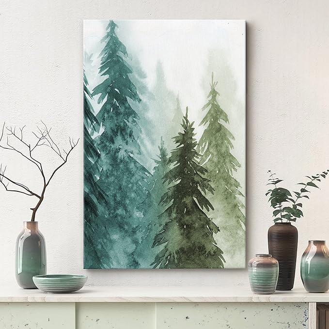 SIGNWIN Canvas Print Wall Art Woodland Nursery Decor Green & Teal Watercolor Forest Pine Trees Floral Nature Illustrations Modern Chic Dramatic Multicolor for Living Room, Bedroom, Office - 32"x48"