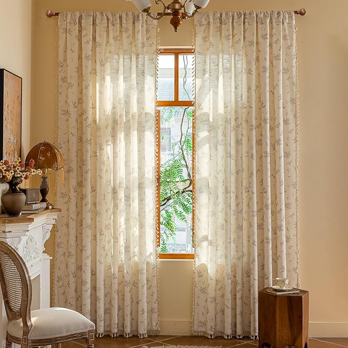 ENJOYBRIDAL Purple Floral 63 Inch Curtains for Living Room Decor Drapes Semi Sheer Bedroom Rod Pocket Short Window Curtains 2 Panels Tassel Aesthetic Farmhouse Cute Boho Window Treatments