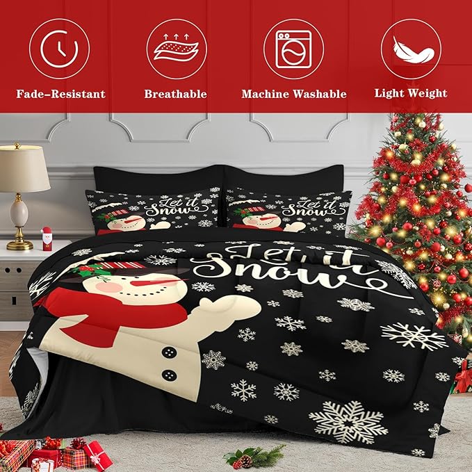 5 Pcs Twin Size Christmas Comforter Set with Pillowcase & Sham, Black Cartoon Snowman Bedding for Kids and Adults, Retro Snow Scene Bed in a Bag with Flat Fitted Sheet