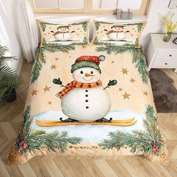 Manfei Christmas Kids Duvet Cover Set Twin Size, Cute Snowman Bedding Set for Boy Girl Room Decor, New Year Holly Leaf Print Comforter Cover, Lightweight Bedspread Cover, 1 Pillowcase, No Comforter