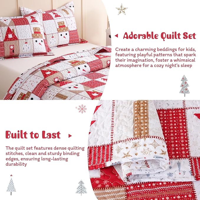 JSD 2 Pcs Kids Christmas Quilt Set Twin Size, Patchwork Christmas Bedding, Soft Microfiber Bedspread Coverlet Holiday Quilted Blanket