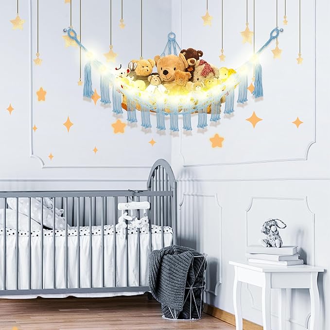 Stuffed Animal Hammock with LED Light, Large Stuffed Animals Storage Corner Plushie Net for Kids Room Decor, Baby Blue