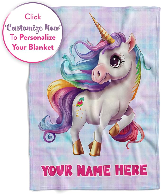 Personalized Baby Unicorn Throw Blanket for Girls with Custom Name, Prancing Pony with Rainbow Mane and Tail, Cute Nursery Room Decor, Soft Plush Toddler Bedding for Babies, (Fleece 50x60)