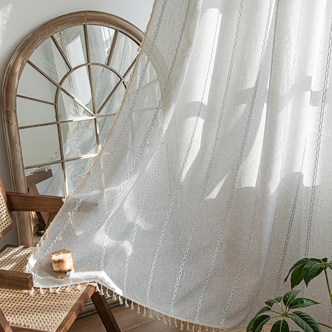 Deeprove Sheer Boho Curtains 63 inches Length for Cafe Closet Kitchen, Vintage Bohemian Embroidery Farmhouse Light Filter Privacy Country Tassel Window Treatments, W52 x L63,Silver Grey, 1 Panel