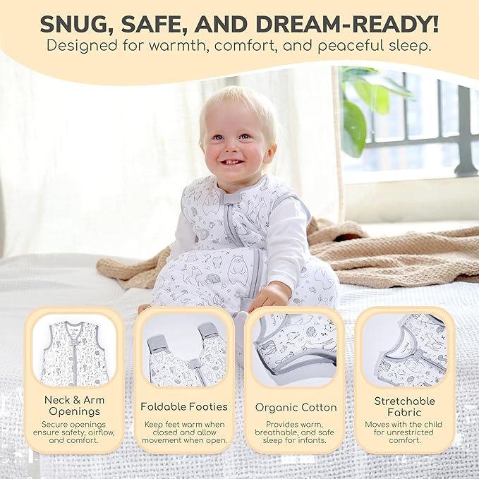 Mama Cheetah Toddler Sleep Sack with Feet, 0.5 TOG Organic Cotton Baby Wearable Blankets with Legs, Baby Sleeping Bag for Walkers, Early Walker 6-18 Month