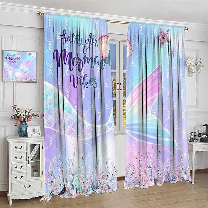 Fantasy Mermaid Curtain Colorful Rainbow Fish Tail Ocean Theme Beautiful Kids Window Treatment for Girls Bedroom Nursery Room Decor Rod Pocket Window Drapes 42x54in