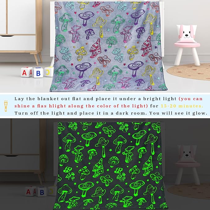 Glow in The Dark Mushroom Blanket for Adults - Soft Fleece Plush Mushrooms Throw Blanket for Bed Couch, Cottagecore Home Decor Cute Stuff Mushroom Gifts for Women 80"x60"