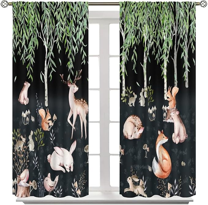 Forest Animal Curtains, Watercolor Cartoon Woodland Plants Animals Bears Moose Mushrooms Printed Curtains for Kids Boys and Girls Bedroom Window Drapes 72x63in