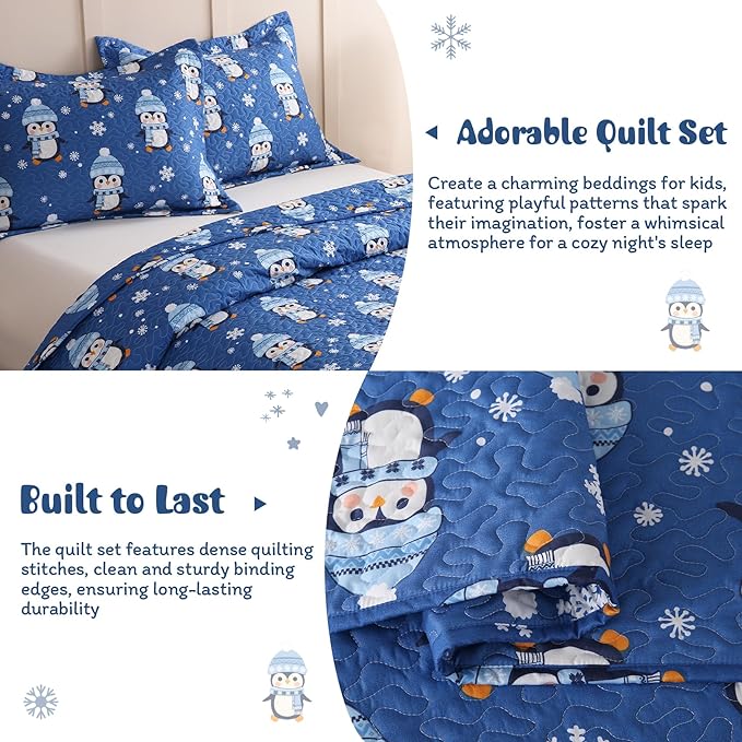 JSD 2 Pcs Kids Christmas Quilt Set Twin Size, Blue Penguin Christmas Theme Bedding, Soft Microfiber Bedspread Coverlet Holiday Quilted Blanket