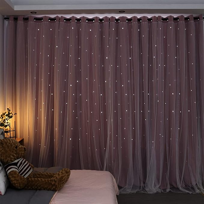 Kinryb Princess Curtains for Girls Bedroom with Sheer Overlay,Double Layer Curtain for Living Room with Star Cutout, Curtains for Kids Room (70 W*84 L Inches,2 Pcs Pink)