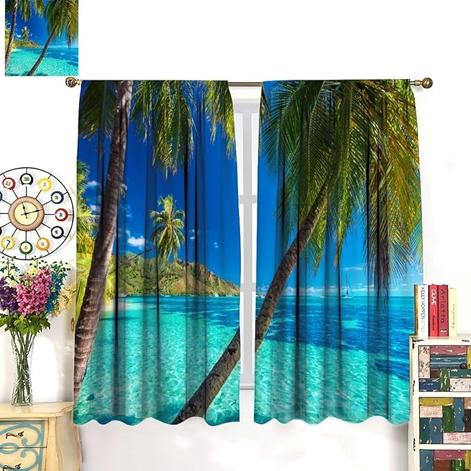 Ocean Beach Curtains,Sunshine and Beach Hawaiian Seaside Scene Pattern Blackout Print Home Bedroom Living Room Window Treatments 2 Panel Set 52x84 Inch