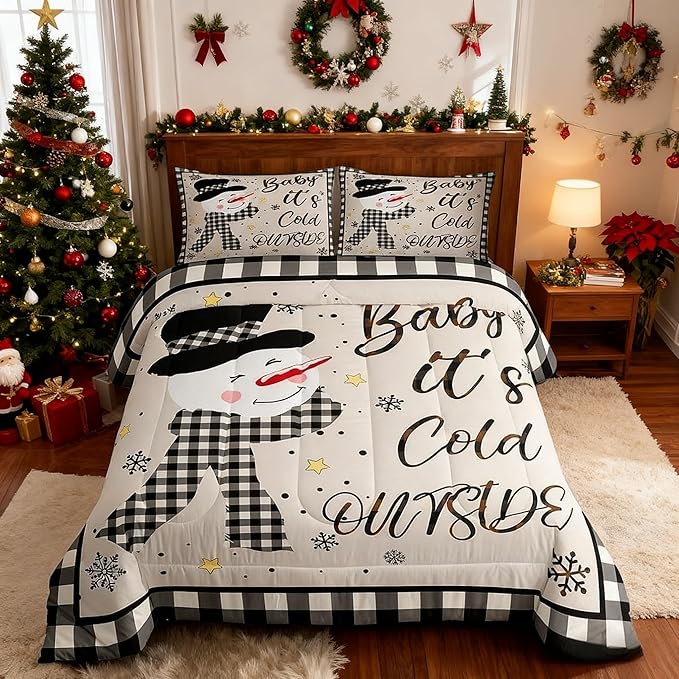 Kids Christmas Snowman Comforter Set King Size,Snowflake Winter Bedding,Girls Boys Adults Bedroom/Xmas Cabin Decor,Geometric Grids Lattice Down Comforter,Rustic Vintage Duvet Insert,2 Pillowcases