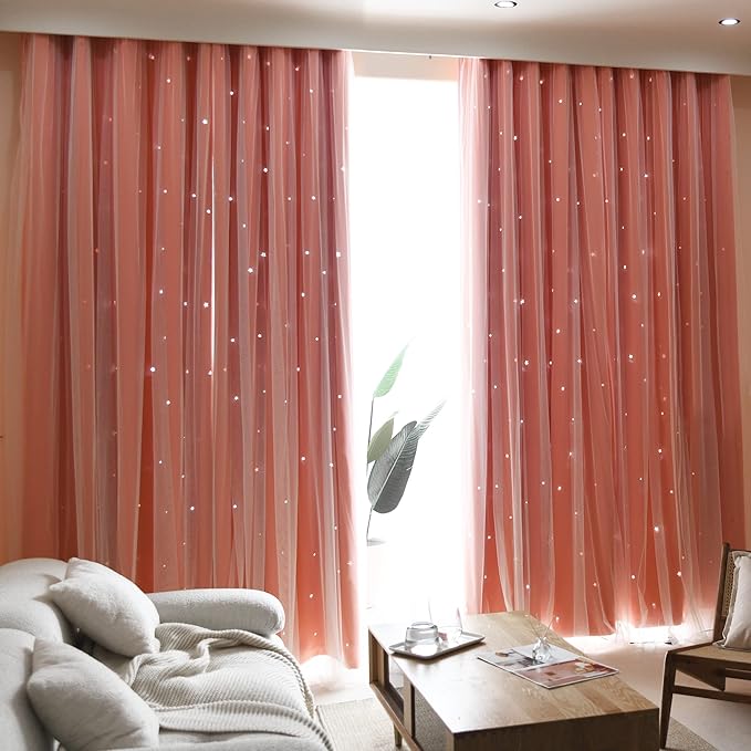 Kinryb Princess Curtains for Girls Bedroom with Sheer Overlay,Double Layer Curtain for Living Room with Star Cutout, Curtains for Kids Room (70 W*63 L Inches,2 Pcs Coral)