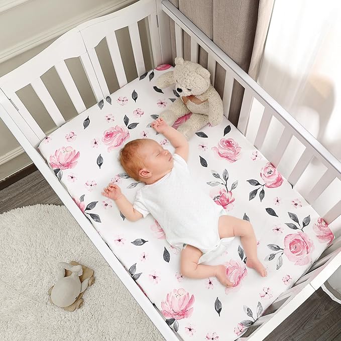 PHF Soft Mini Crib Sheet Set, 2 Pack Silky Comfy Pack N Play Sheets for Girls, Universal Fit for Pack N Play, Playard and Mini Crib Mattresses, Pink Floral