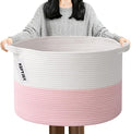 Large Blanket Basket for Organizing,65L Closet Organizers and Storage Bins Box for Shelves Woven Rope Storage Baskets,Living Room,Bedroom,Dorm,Laundry room (White&Pink)