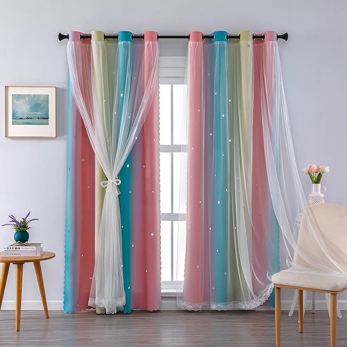 XiDi Pink Blue Yellow 54 Inches Curtains for Girls Bedroom 2 Panels Set, Blackout Rainbow Curtains for Kids Room Decor, Unicorn Wall Decals Drapes for Little Girl Nursery Room 52 Inches Wide