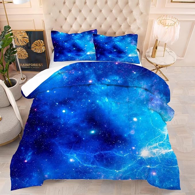 kxry Blue Galaxy Space Comforter Set Queen Size Outer Space Starry Sky Universe Bedding Sets for Girls Teens Kids Soft Microfiber Lightweight Comforter Set with 1 Comforter + 2 Pillow Cases
