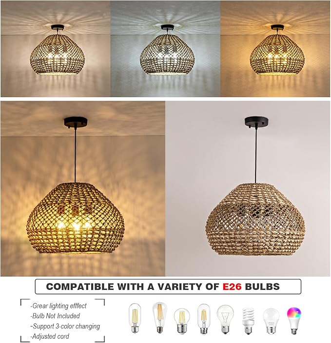 19 Inch Rattan Chandelier Large, 3-Light Round Farmhouse Rattan Chandelier Dome Light Fixtures Ceiling for Living Room Dining Room Bedroom Kitchen Island Restaurant