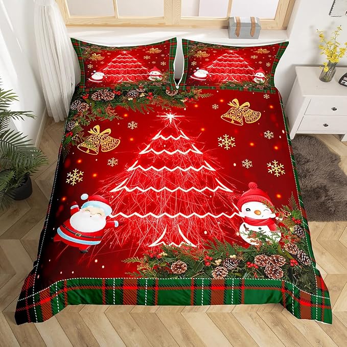 Feelyou Christmas Bedding Set Kids Cartoon Santa Claus Comforter Cover Set for Boys Girls Christmas Tree Xmas Theme Duvet Cover Breathable Snowman Bedspread Cover Room Decor Quilt Cover Toddler Size