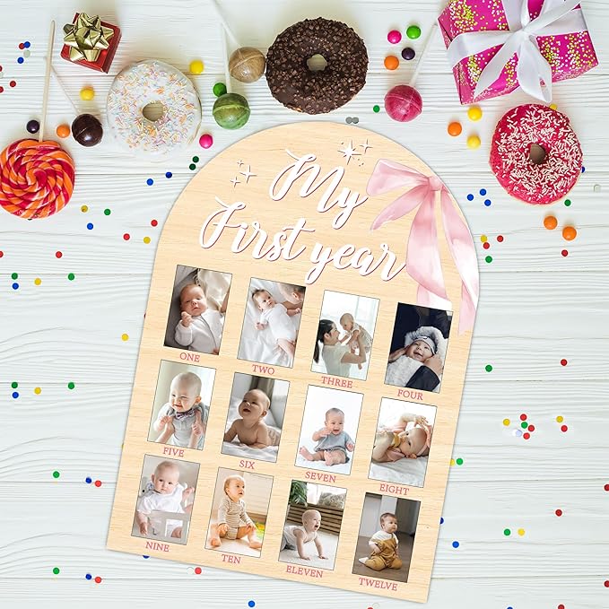 My First Year Milestone Photo Board, One Year of Wood Photo Board, 12 Monthly Baby Picture Frame, Pink Bow Nursery Decor, Girl Boy 1st Birthday Decorations, Baby Shower Keepsake Best Gift-A15