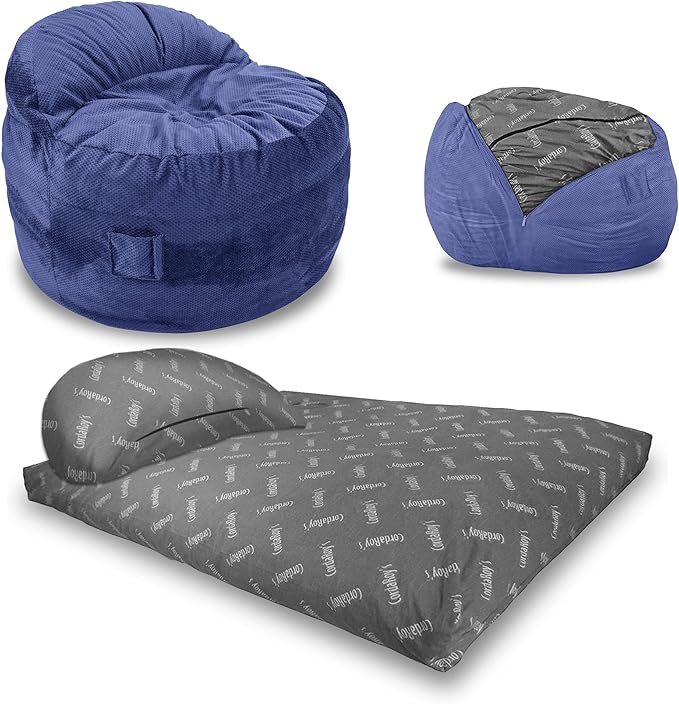 CordaRoy's NEST Gaming Bean Bag Chair-Convertible Bean Bag Chair -Washable Chenille Cover with Pockets for Remote, Controllers-for Living Room,Basement-King Size-Navy|Made in The USA