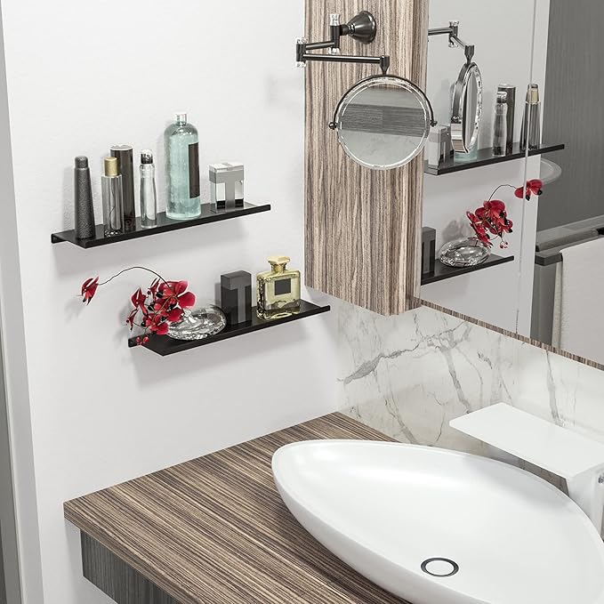 SRIWATANA Black Metal Wall Shelves, 2 Set Floating Shelves for Bedroom, Living Room, Bathroom, Kitchen - Matte Black